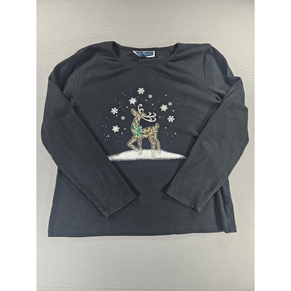 Karen Scott Christmas Shirt Womens Large Black Reindeer Rhinestone Holiday Top